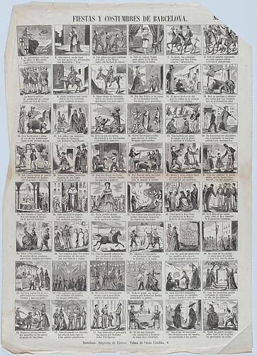 Broadside with 48 scenes depicting the celebrations and customs of Barcelona