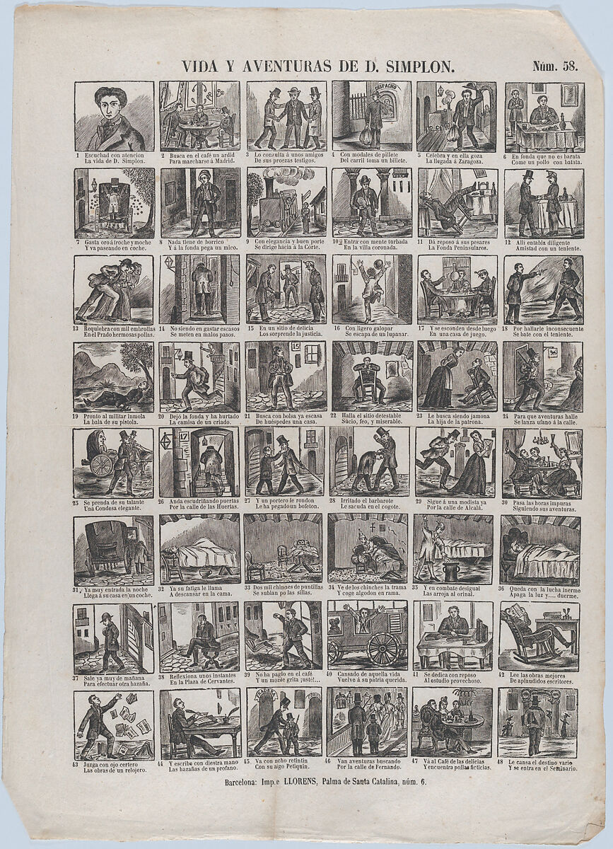 Broadside with 48 scenes depicting the life and adventures of Don Simplon, Juan Llorens (Spanish, active Barcelona, ca. 1855–70), Wood engraving and letterpress 