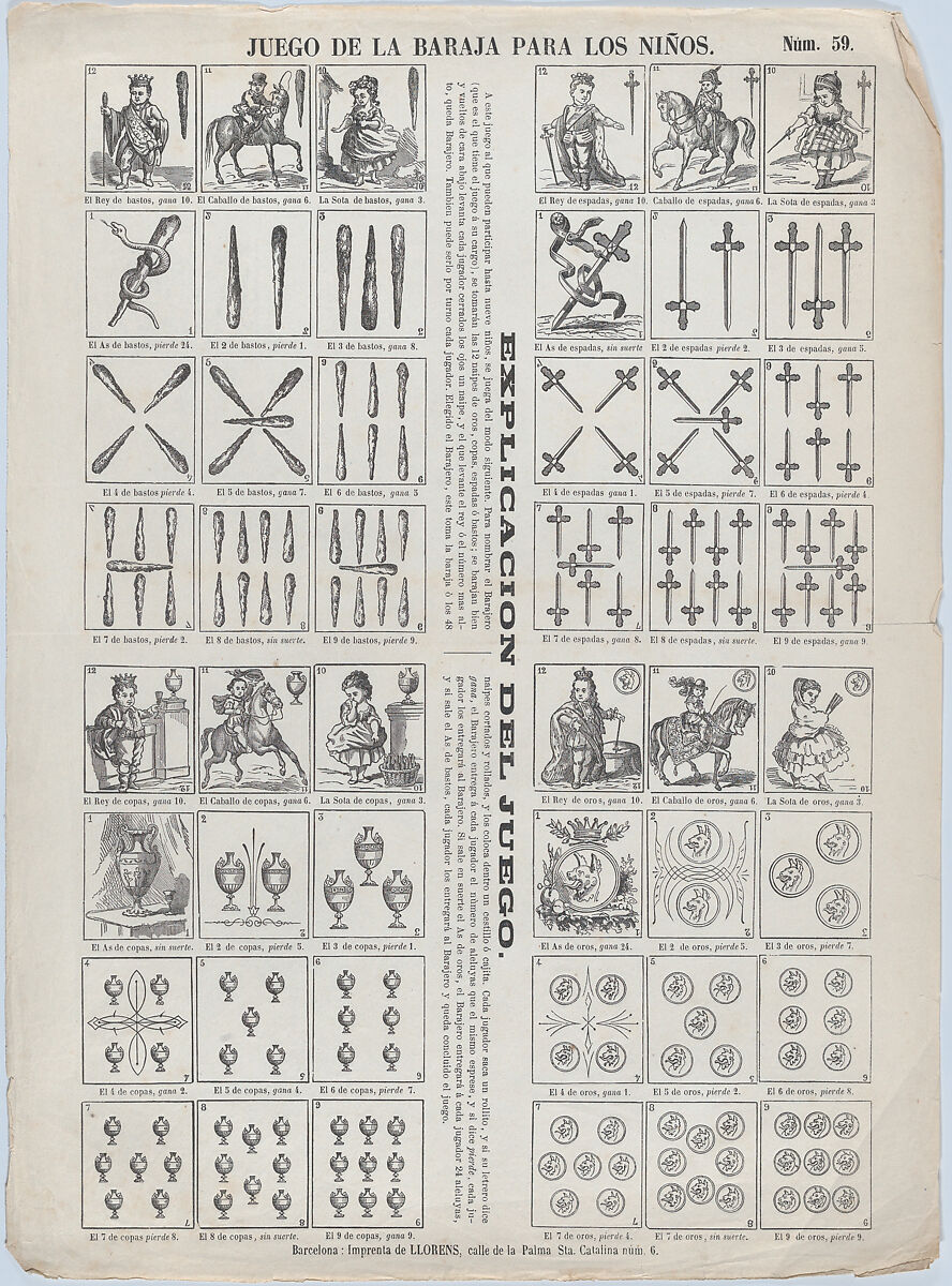 Sheet of playing cards for children, Juan Llorens (Spanish, active Barcelona, ca. 1855–70), Wood engraving and letterpress 