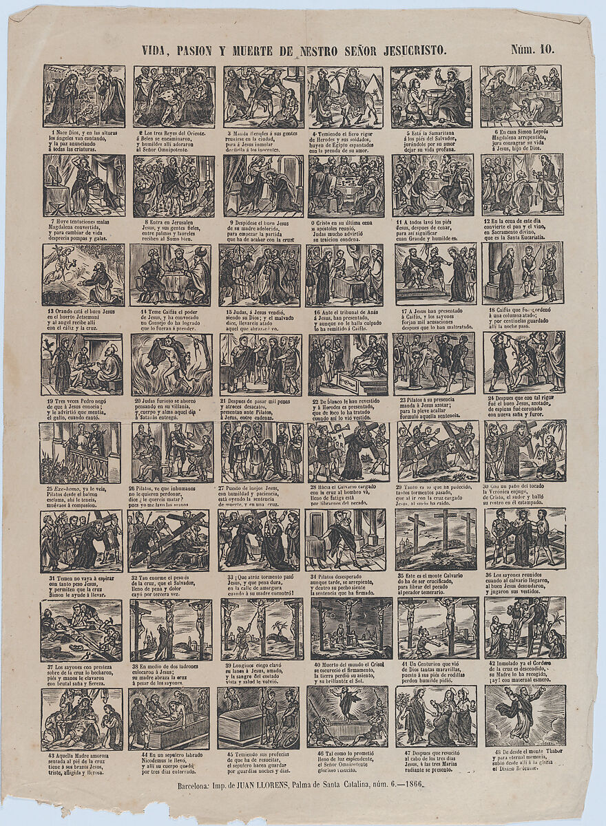 Broadside with 48 scenes of the life of Jesus Christ, José Noguera (Spanish, 19th century), Wood engraving 