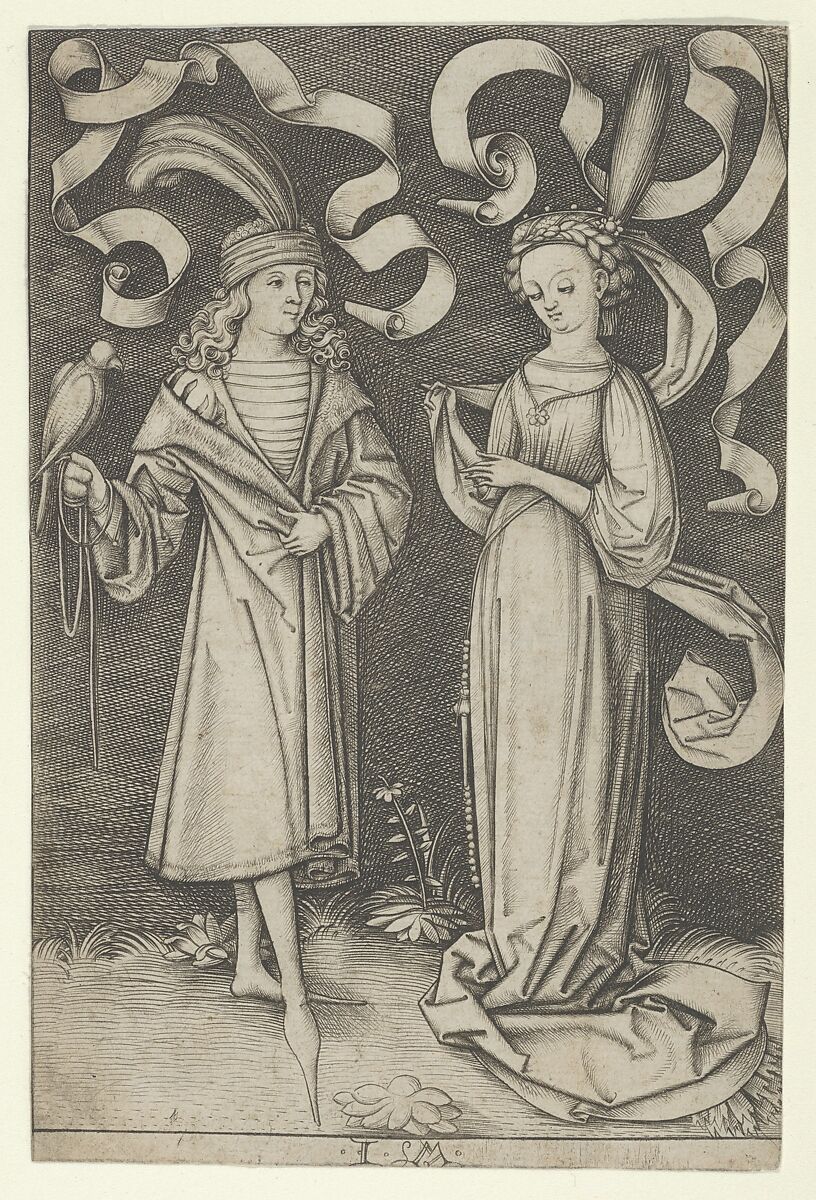 The Falconer and the Lady, from the series Scenes of Daily Life, Israhel van Meckenem  German, Engraving