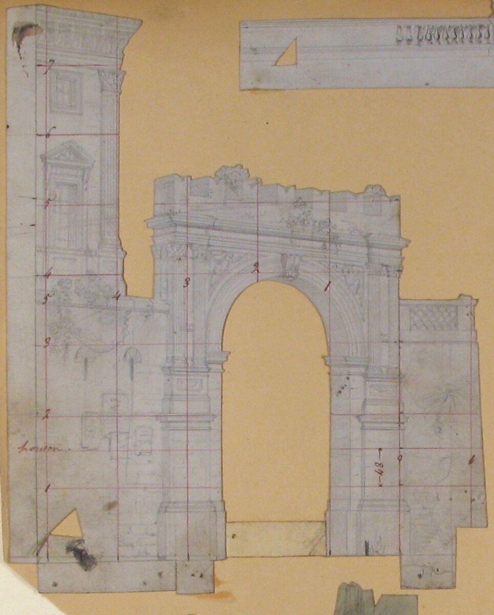 Design for a Stage Set at the Opéra, Paris, Eugène Cicéri (French, Paris 1813–1890 Fontainebleau), Graphite; Framing lines in pen and red ink
