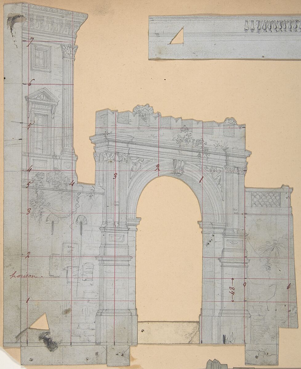 Design for a Stage Set at the Opéra, Paris, Eugène Cicéri (French, Paris 1813–1890 Fontainebleau), Graphite; Framing lines in pen and red ink 