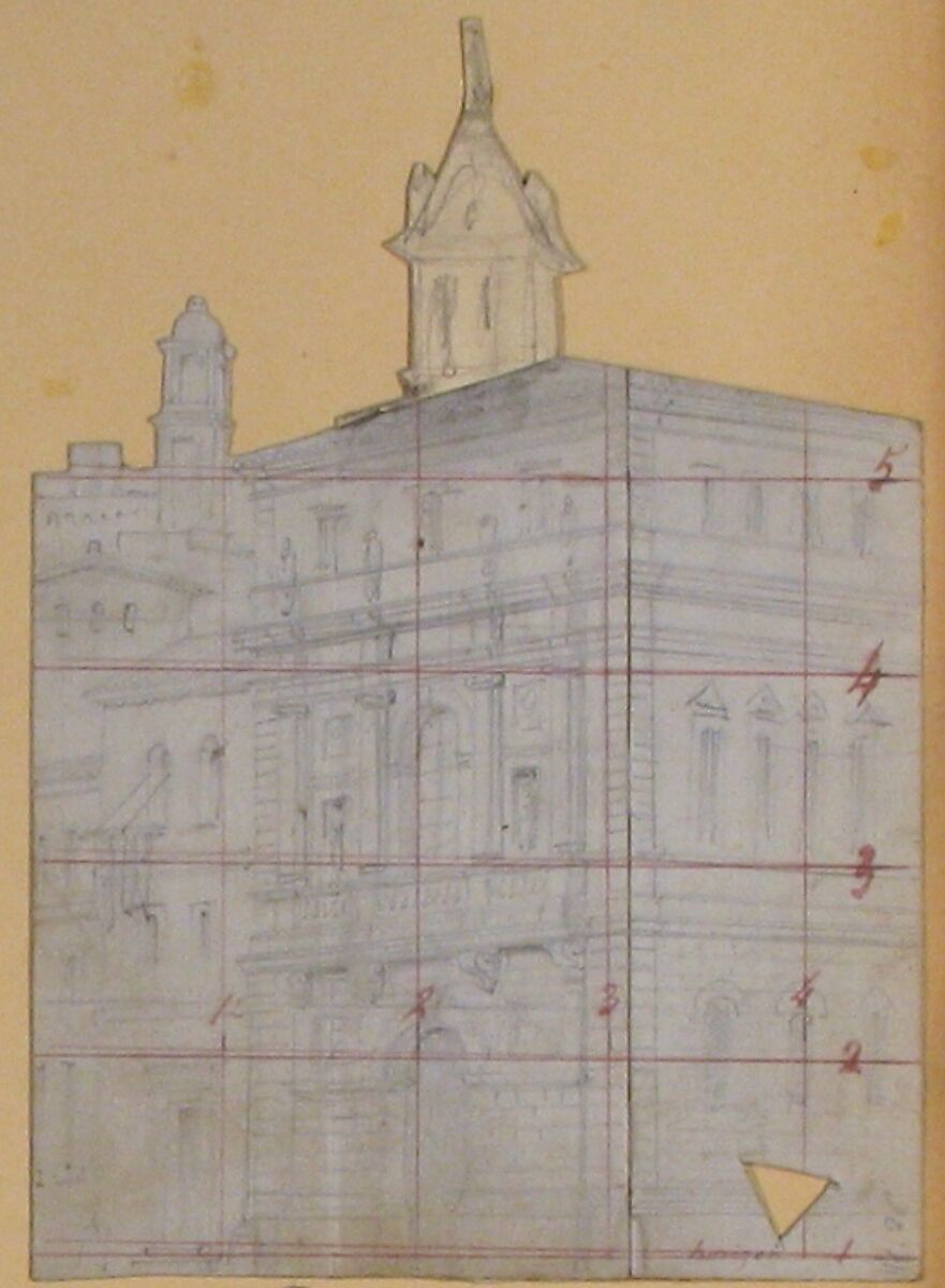 Design for a Stage Set at the Opéra, Paris, Eugène Cicéri (French, Paris 1813–1890 Fontainebleau), Graphite; framing lines in pen and red ink