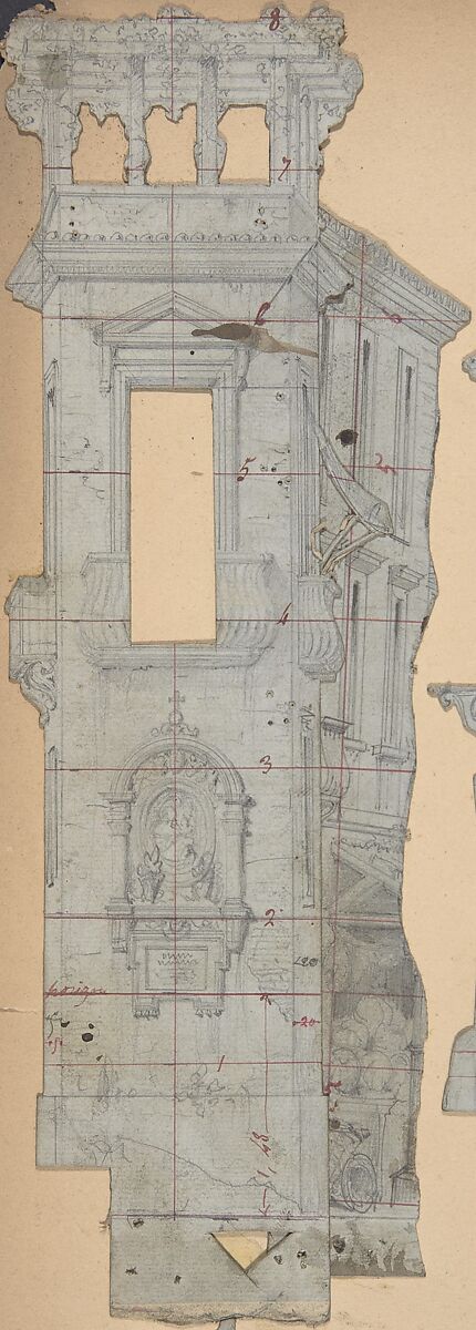 Design for a Stage Set at the Opéra, Paris, Eugène Cicéri (French, Paris 1813–1890 Fontainebleau), Graphite; Squaring lines in pen and red ink 