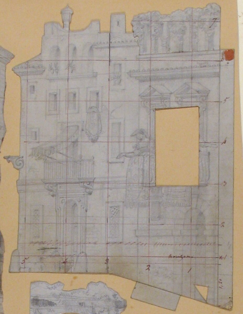 Design for a Stage Set at the Opéra, Paris, Eugène Cicéri (French, Paris 1813–1890 Fontainebleau), Graphite; squaring lines in pen and red ink