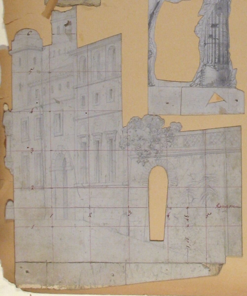 Design for a Stage Set at the Opéra, Paris, Eugène Cicéri (French, Paris 1813–1890 Fontainebleau), Graphite; squaring lines in pen and red ink