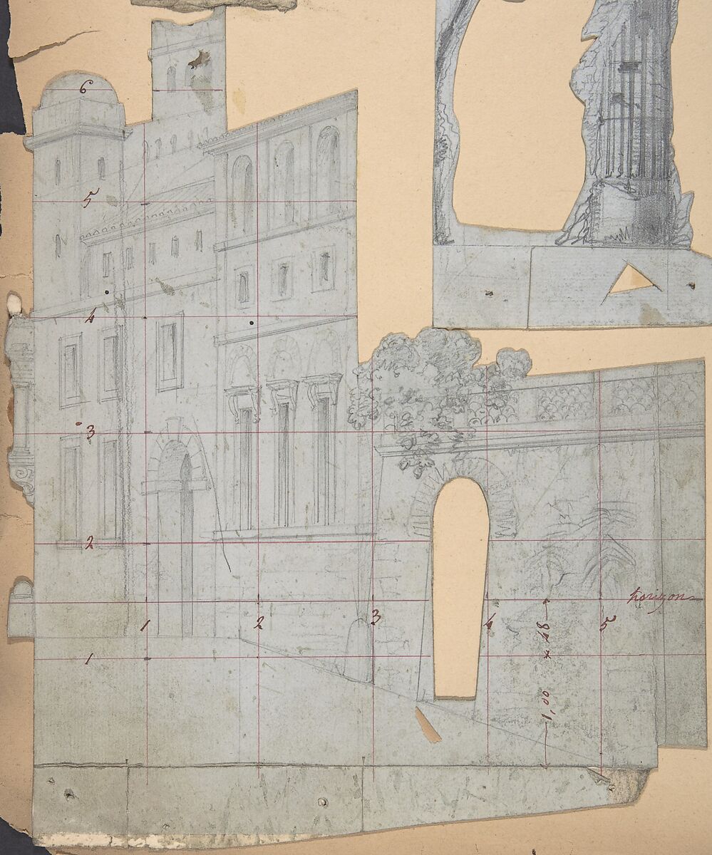 Design for a Stage Set at the Opéra, Paris, Eugène Cicéri (French, Paris 1813–1890 Fontainebleau), Graphite; squaring lines in pen and red ink 