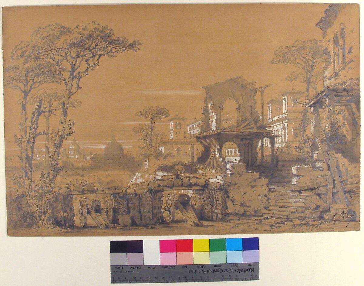 Design for a Stage Set at the Opéra, Paris: Landscape Looking Toward Rome, Eugène Cicéri (French, Paris 1813–1890 Fontainebleau), Graphite, heightened with white