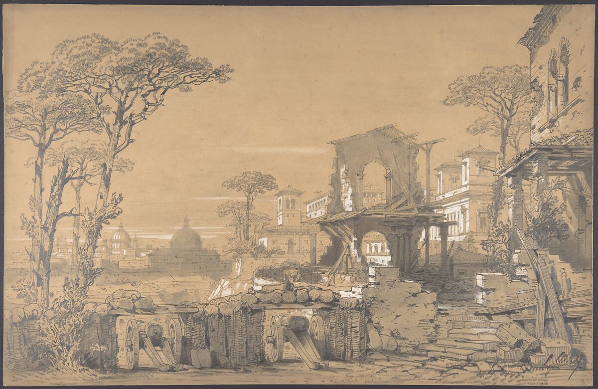 Design for a Stage Set at the Opéra, Paris: Landscape Looking Toward Rome, Eugène Cicéri (French, Paris 1813–1890 Fontainebleau), Graphite, heightened with white 