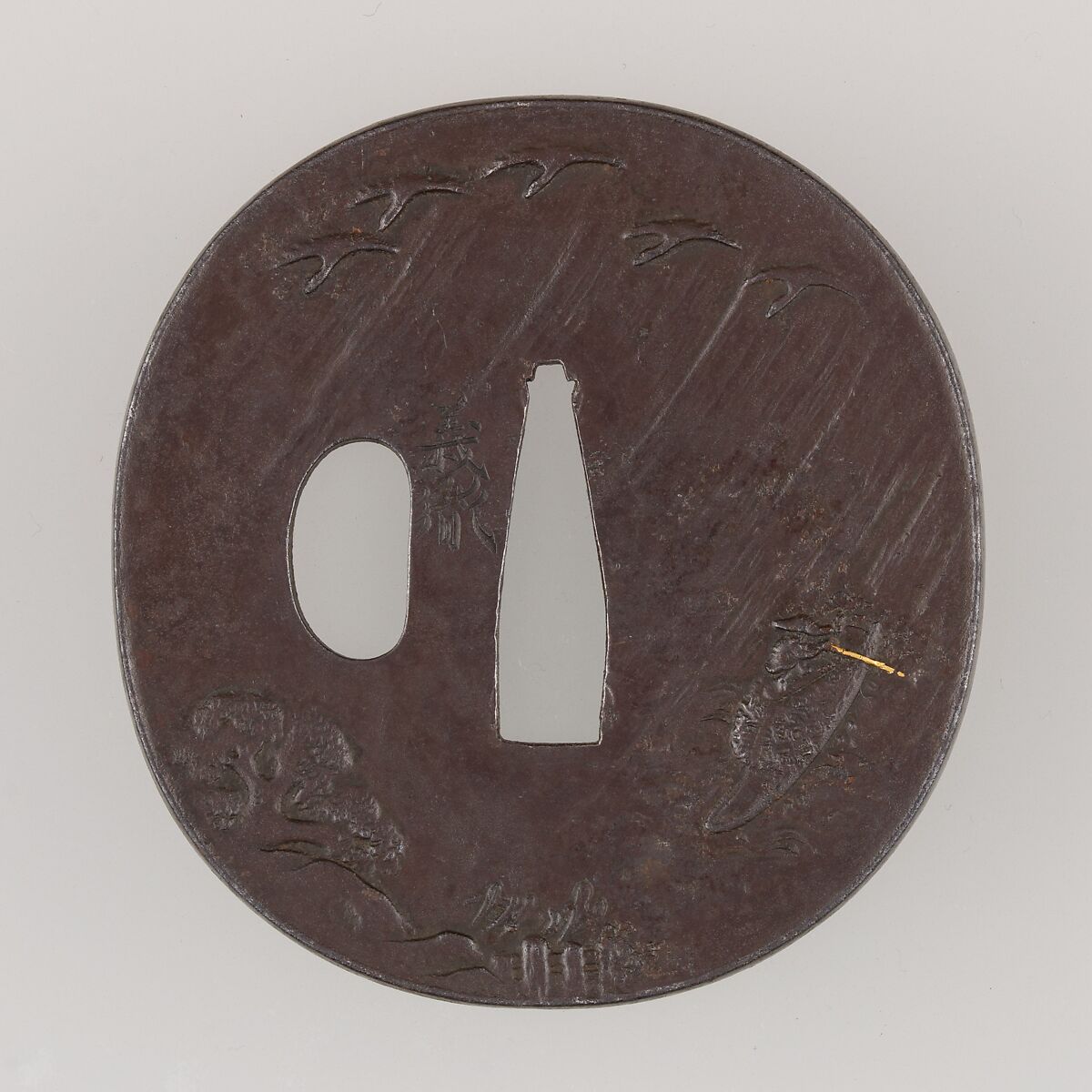 Sword Guard (Tsuba), Inscribed by Honjō Yoshitane (Japanese, Edo period, 19th century), Iron, gold, copper, Japanese 