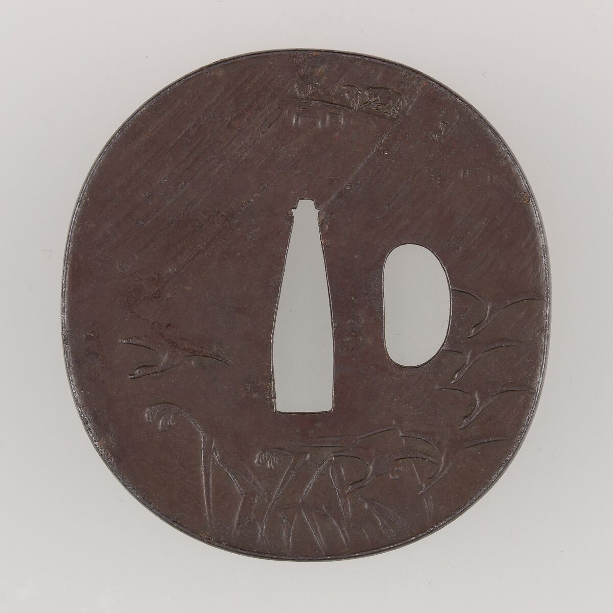 Sword Guard (Tsuba), Inscribed by Honjō Yoshitane (Japanese, Edo period, 19th century), Iron, gold, copper, Japanese
