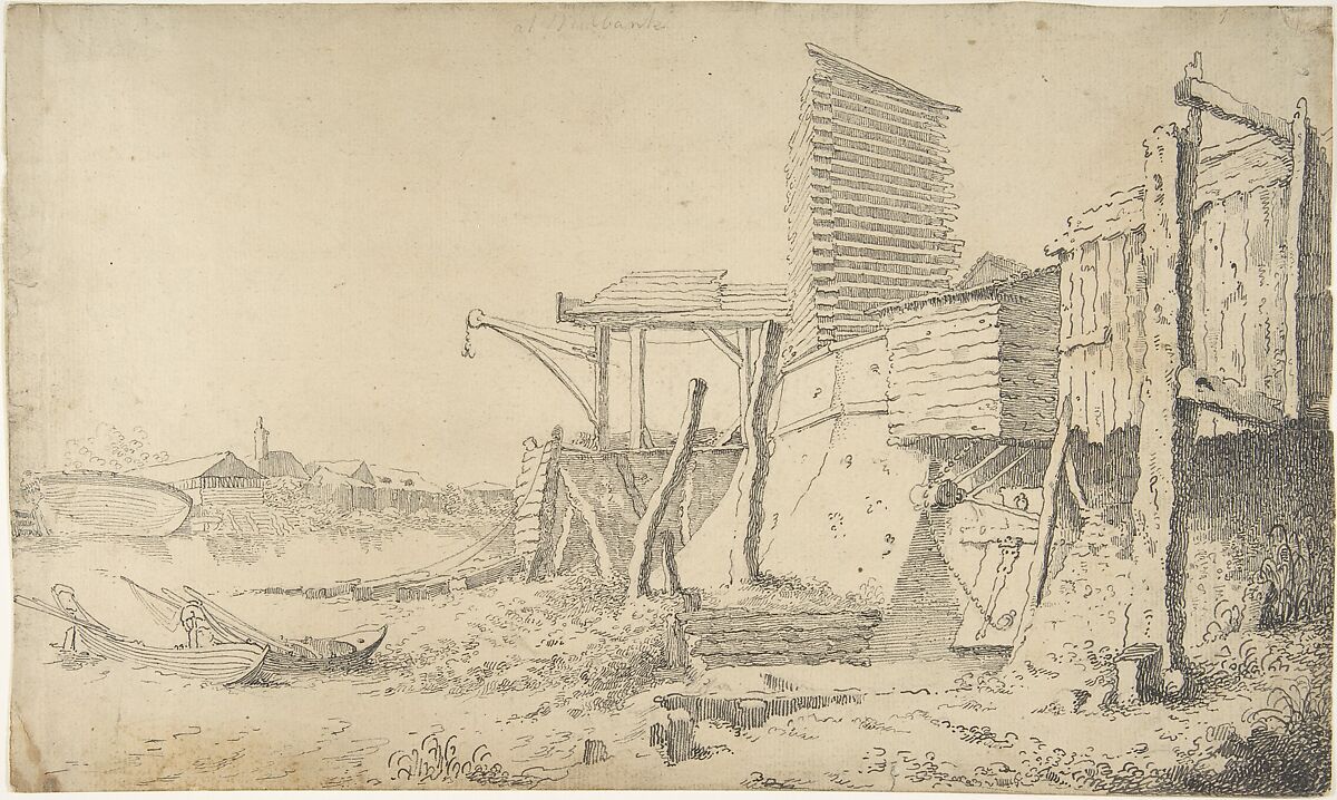 Building On a Riverbank, Anonymous, British, late 18th century, Pen and black ink 