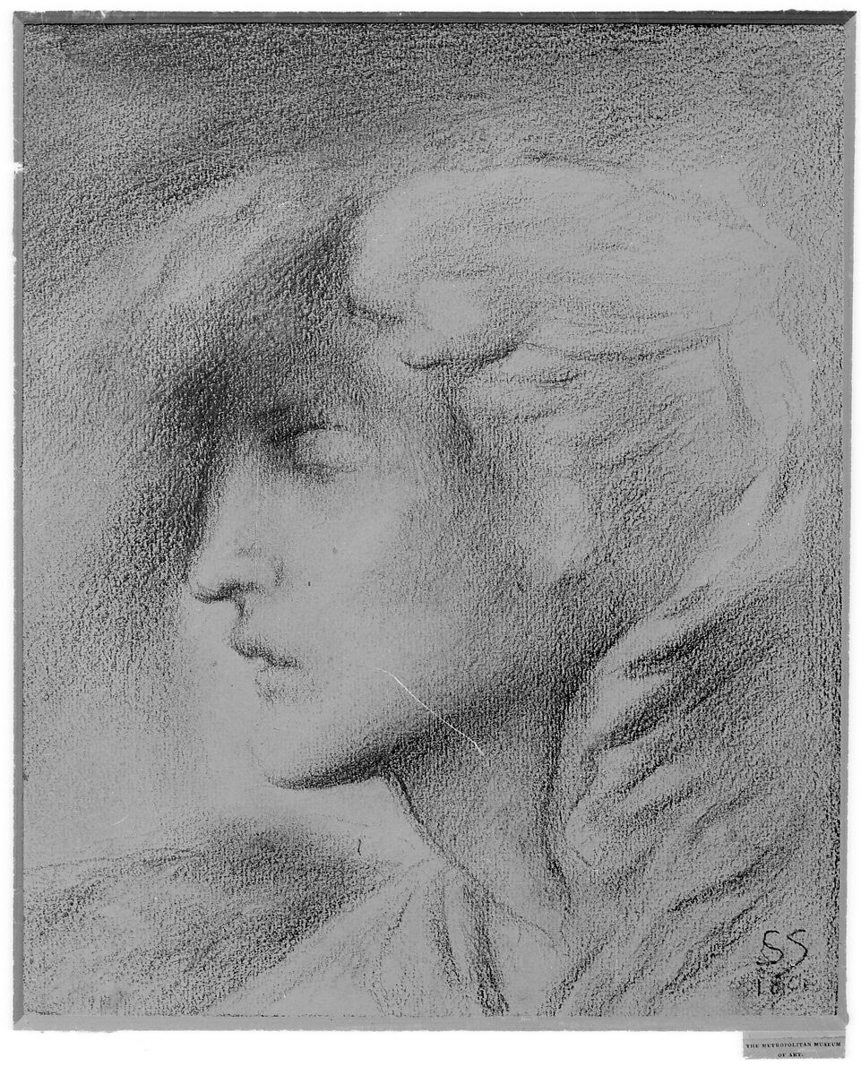 Dawn (Head of Hypnos), Simeon Solomon (British, London 1840–1905 London), Blue, red, brown and black chalk; framing lines in black chalk