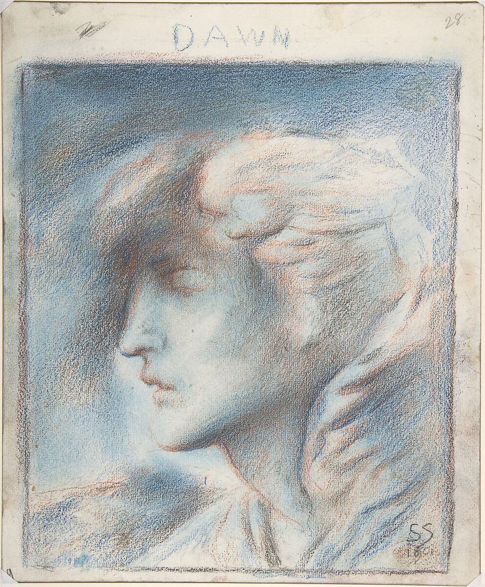 Dawn (Head of Hypnos), Simeon Solomon (British, London 1840–1905 London), Blue, red, brown and black chalk; framing lines in black chalk 