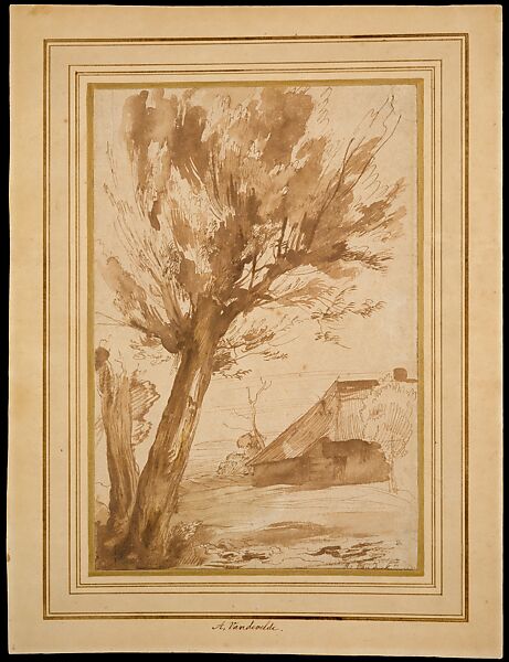 Landscape with a Tree and a Farm Building, Anthony van Dyck (Flemish, Antwerp 1599–1641 London), Pen and brown ink, brush and brown wash 