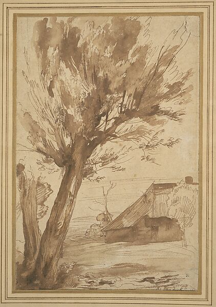Landscape with a Tree and a Farm Building, Anthony van Dyck (Flemish, Antwerp 1599–1641 London), Pen and brown ink, brush and brown wash
