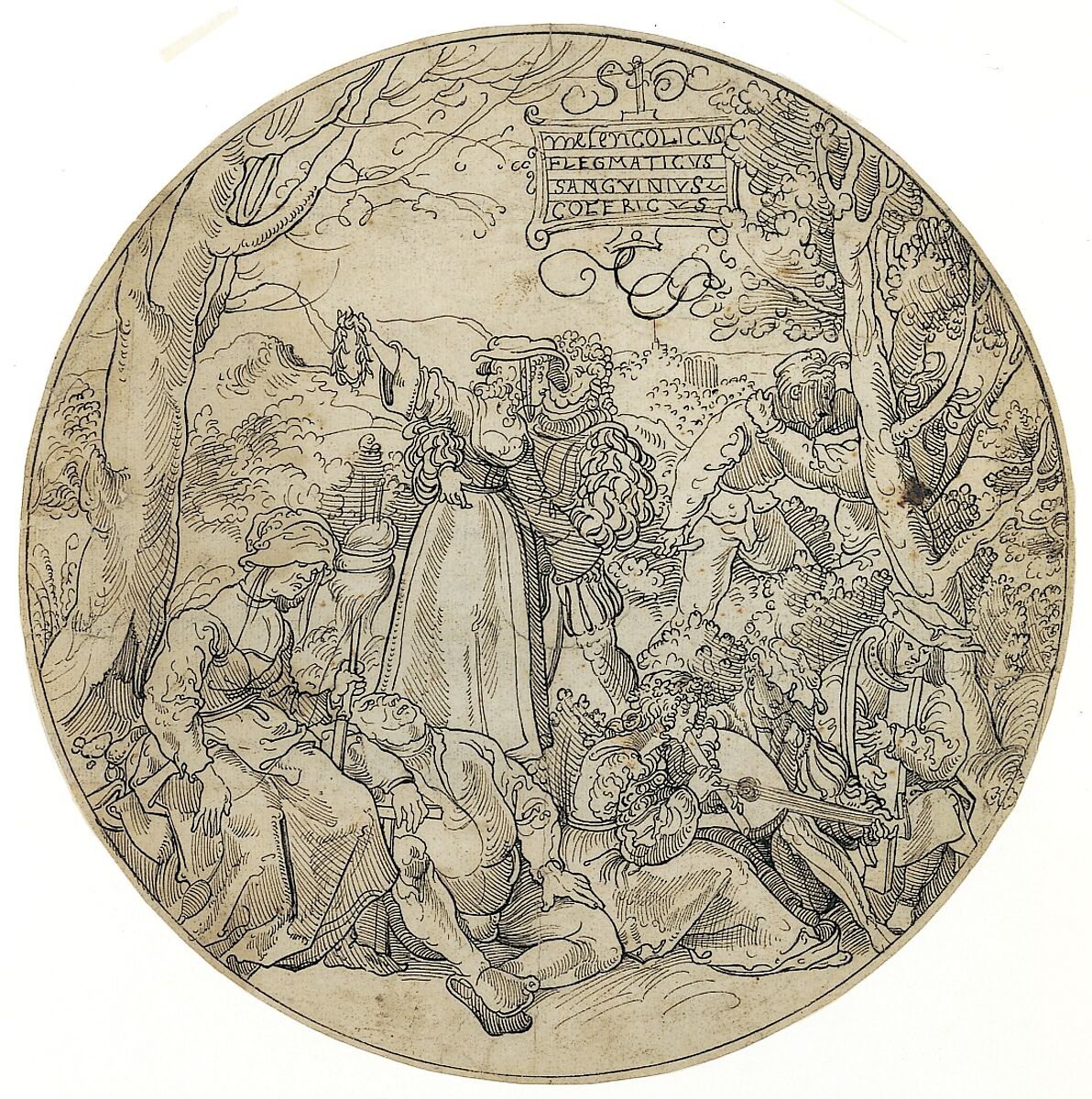 The Four Temperaments, Jörg Breu the Elder (German, Augsburg 1480–1537 Augsburg), Pen and dark brown ink, framing line in pen and dark brown ink