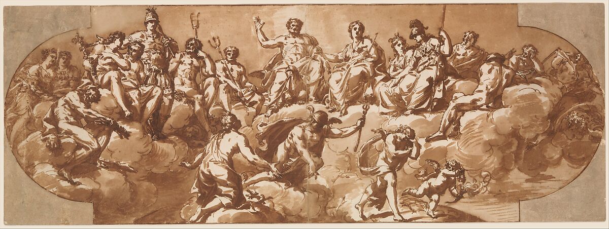 Council of the Gods, Giacomo Zoboli (Italian, Modena 1681–1767 Rome), Pen and brown ink, brush and brown wash, traces of black chalk underdrawing, on off white antique laid paper, cut out with curved ends and laid down 