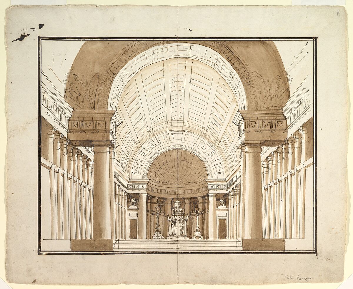 Set Design, Pietro di Gottardo Gonzaga (Italian, Belluno 1751–1831 St. Petersburg), Pen and brown ink, brush and brown wash, on off white antique laid paper 