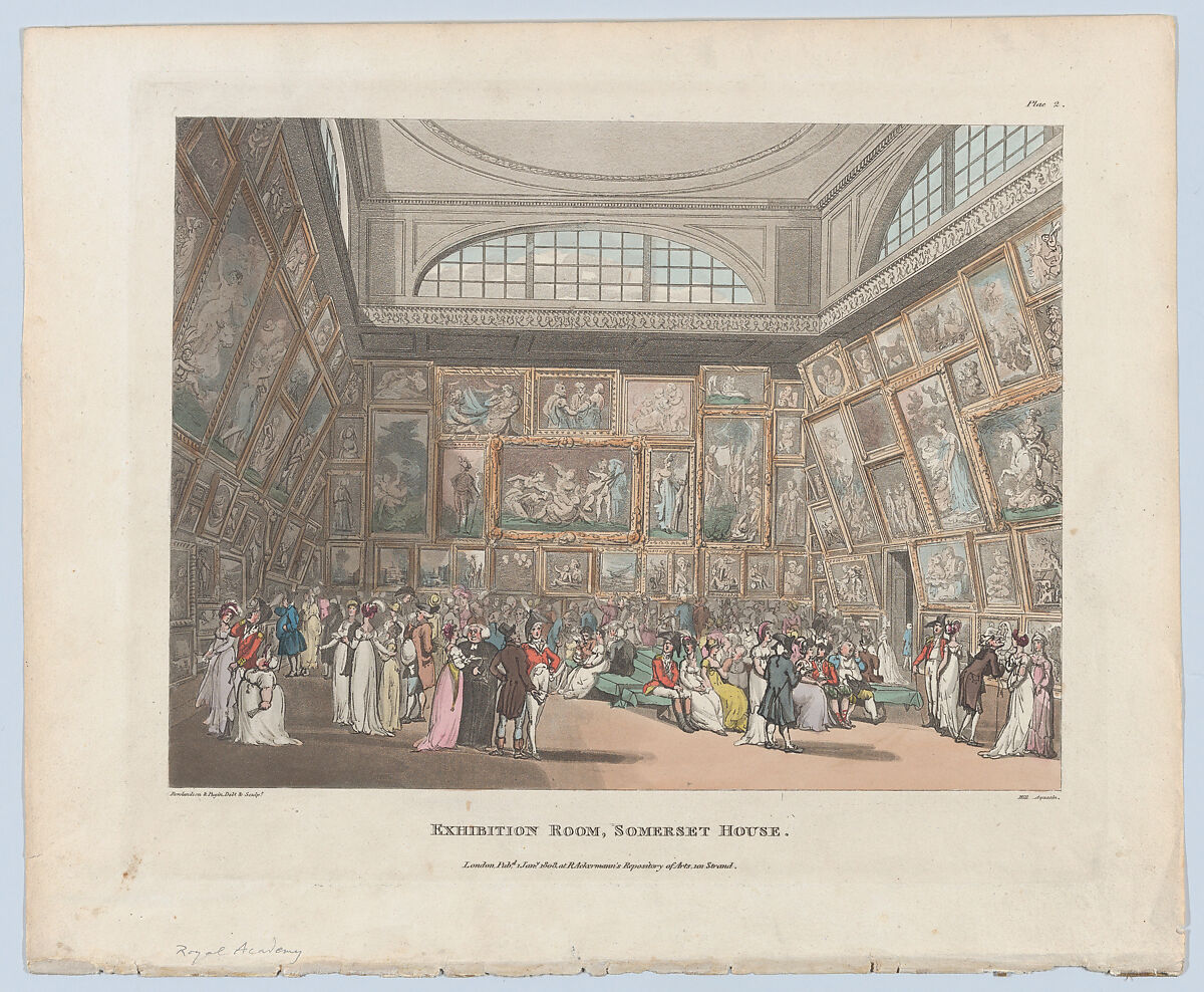 Exhibition Room, Somerset House, Designed and etched by Thomas Rowlandson (British, London 1757–1827 London), Hand-colored etching and aquatint 