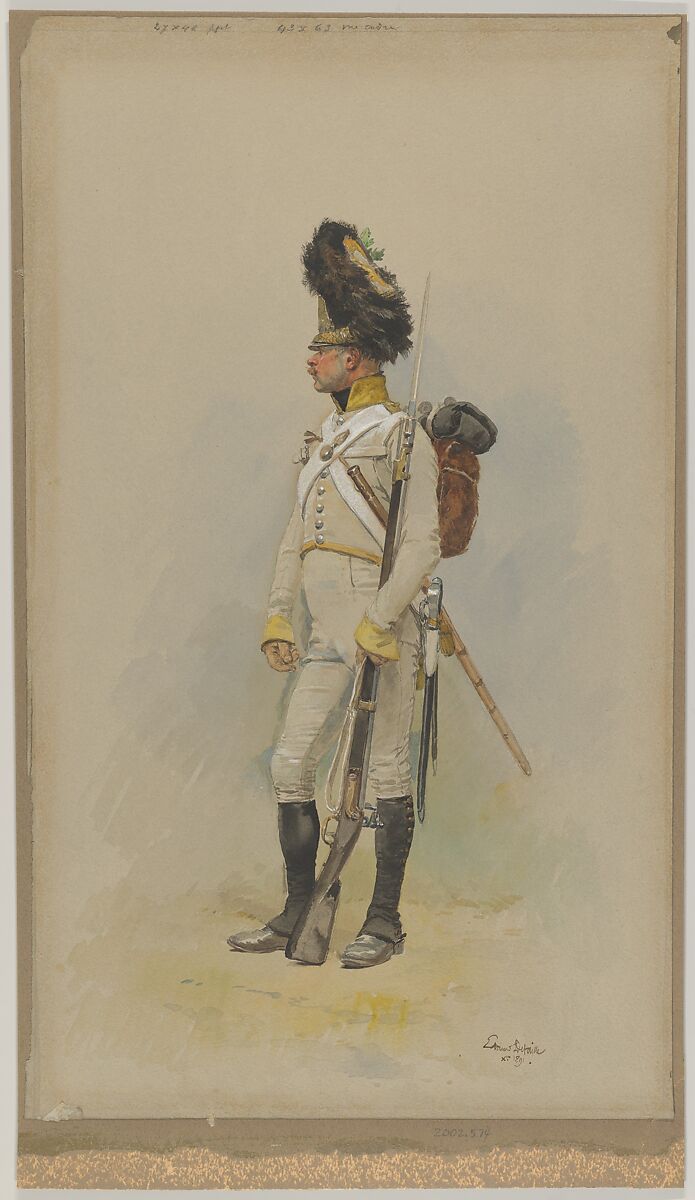 A Standing Grenadier of the Municipal Guard, Edouard Detaille (French, Paris 1848–1912 Paris), Watercolor over traces of graphite, heightened with white on gray wove paper, glued to cardboard 