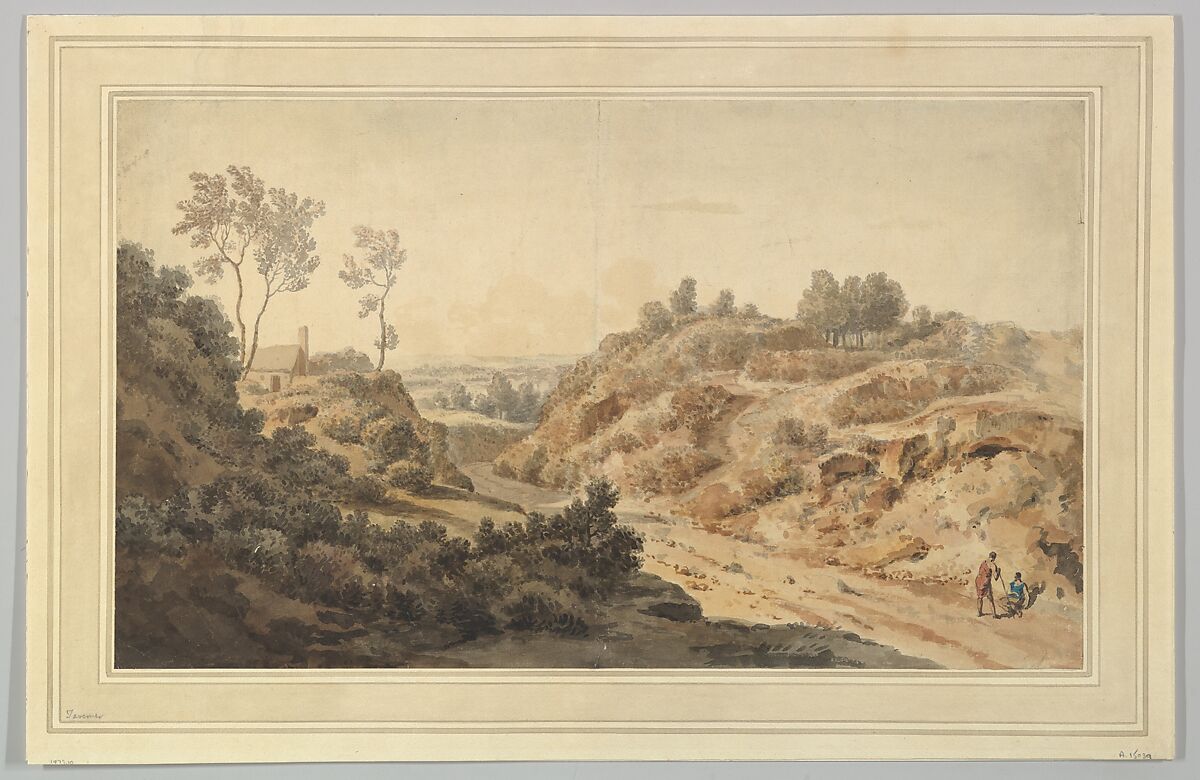 Hilly Landscape with Two Figures on a Road, William Taverner (British, London 1700–1772 London), Watercolor over black chalk 