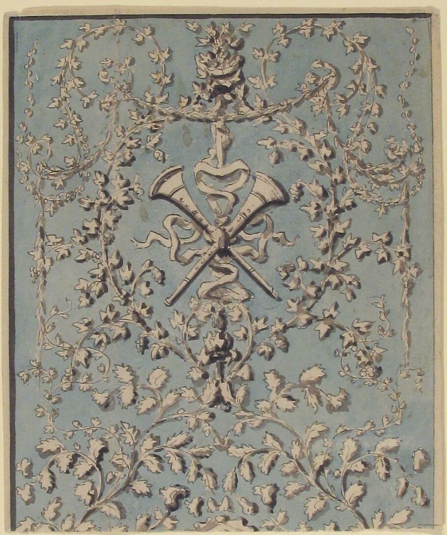 Design for Upright Decorative Panels, Anonymous, French, 18th century, Pen and gray ink, brush and gray wash with background in brush and blue wash. Cut at the bottom