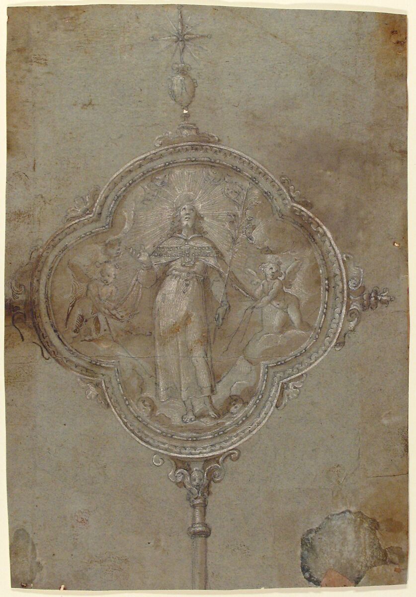 Drawing for a Standard with Christ in Glory Flanked by Putti, Anonymous, Italian, Florentine, 16th century, Black chalk highlighted with white gouache, with some brown ink wash on blue paper, laid down
