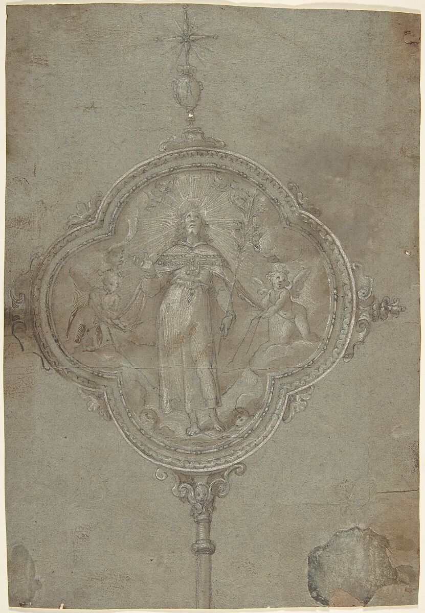 Drawing for a Standard with Christ in Glory Flanked by Putti, Anonymous, Italian, Florentine, 16th century, Black chalk highlighted with white gouache, with some brown ink wash on blue paper, laid down 