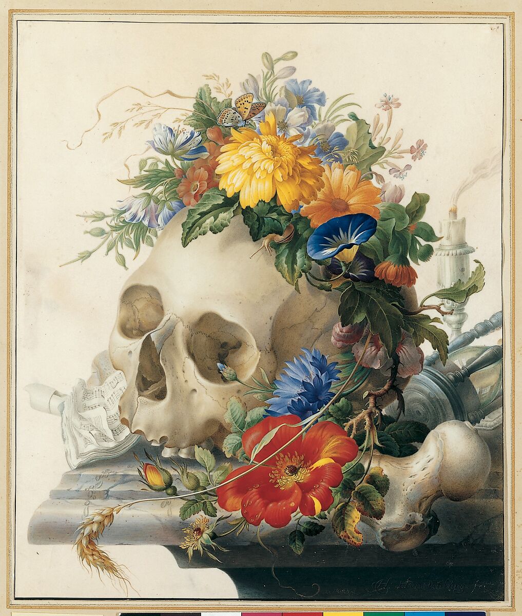 Vanitas Still Life, Herman Henstenburgh (Dutch, 1667–1726), Watercolor, gouache, and gum arabic on parchment