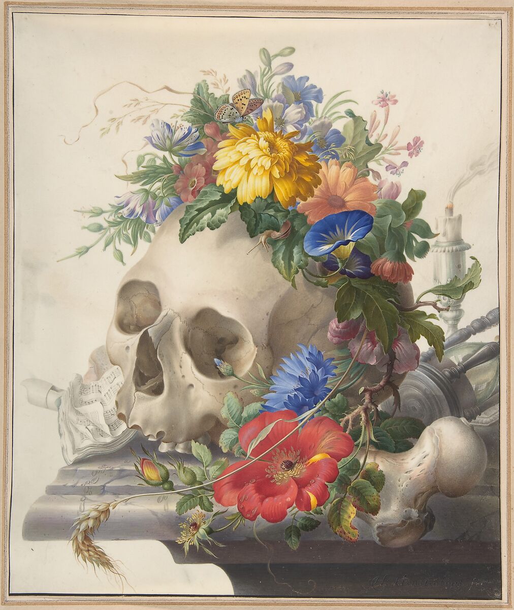 Vanitas Still Life, Herman Henstenburgh (Dutch, 1667–1726), Watercolor, gouache, and gum arabic on parchment 