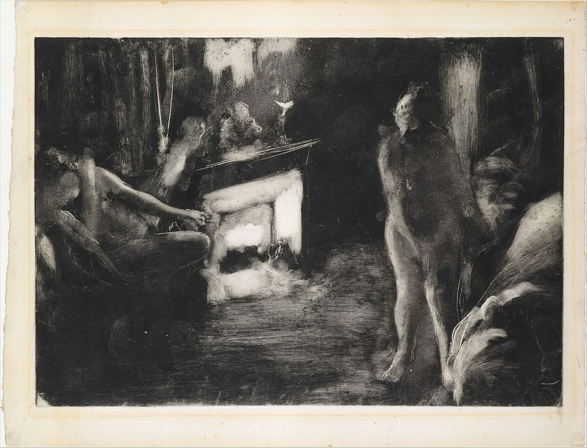 The Fireside, Edgar Degas (French, Paris 1834–1917 Paris), Monotype in black ink on white heavy laid paper 