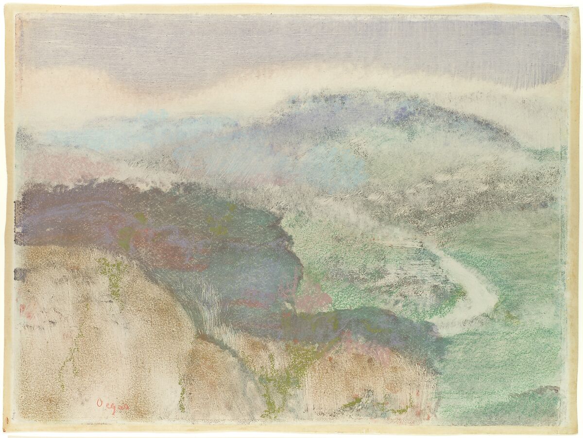Landscape, Edgar Degas (French, Paris 1834–1917 Paris), Monotype in oil colors, heightened with pastel