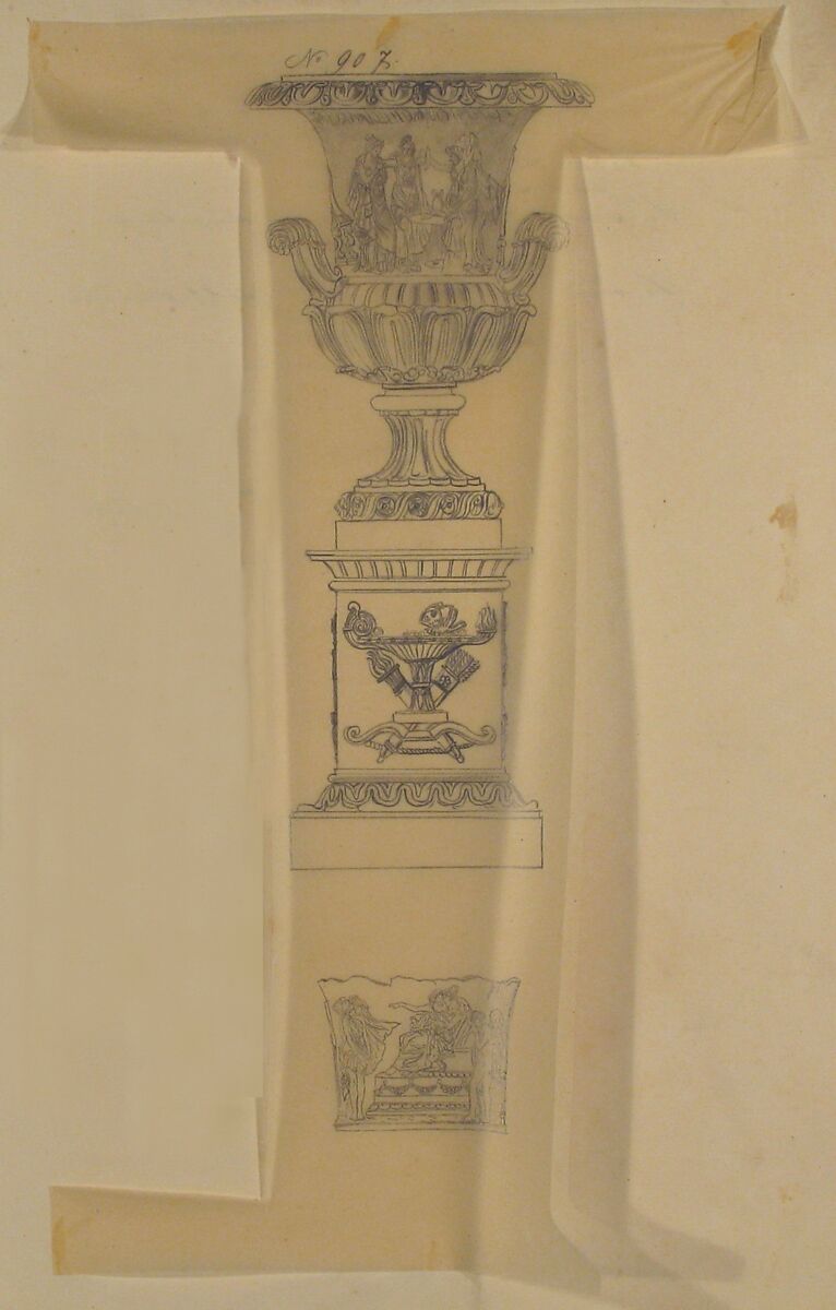 Designs for an Urn on a Pedestal and a Cachepot, Anonymous, French, 19th century, Graphite