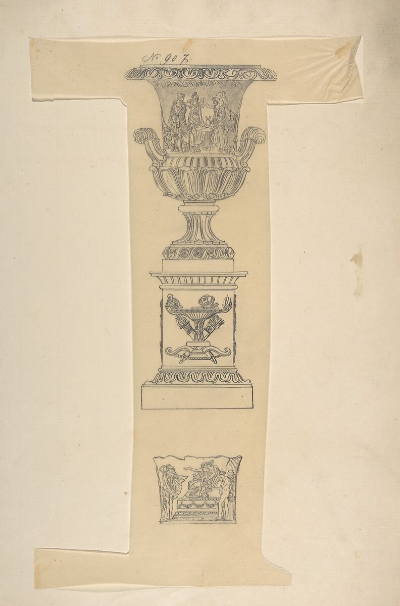 Designs for an Urn on a Pedestal and a Cachepot, Anonymous, French, 19th century, Graphite 