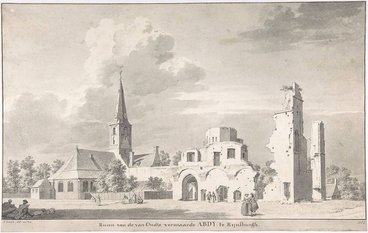 The Church and Ruins of Rijnsburg, Seen from the Northeast, Cornelis Pronk (Dutch, Amsterdam 1691–1759 Amsterdam), Pen and black ink, brush and black and gray wash, framing lines in black ink 