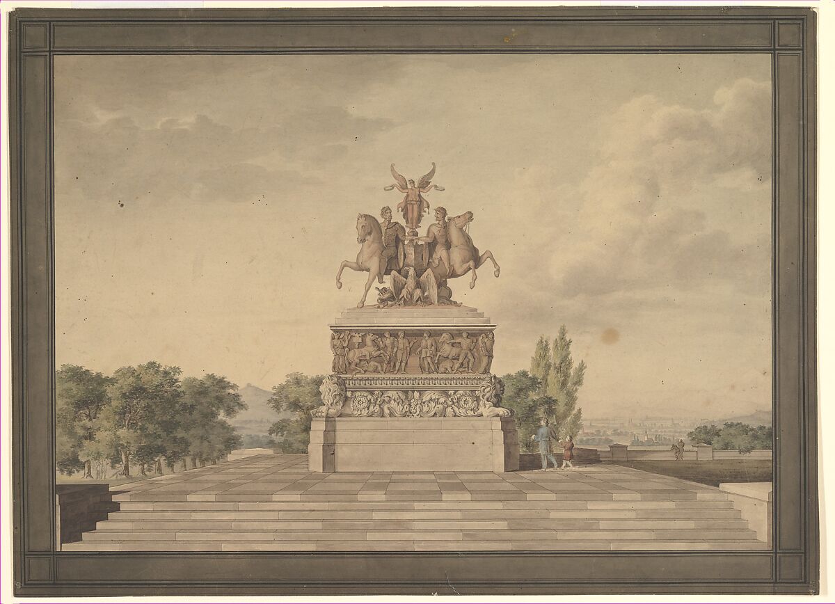 Design for a Monument of the Victory of Waterloo (recto); Portico with Corinthian Columns (verso), Leo von Klenze (German, Bockenem bei Hildesheim 1784–1864 Munich), Watercolor; framed by decorative border in black ink (recto); black pen and ink over graphite [erased] (verso) 