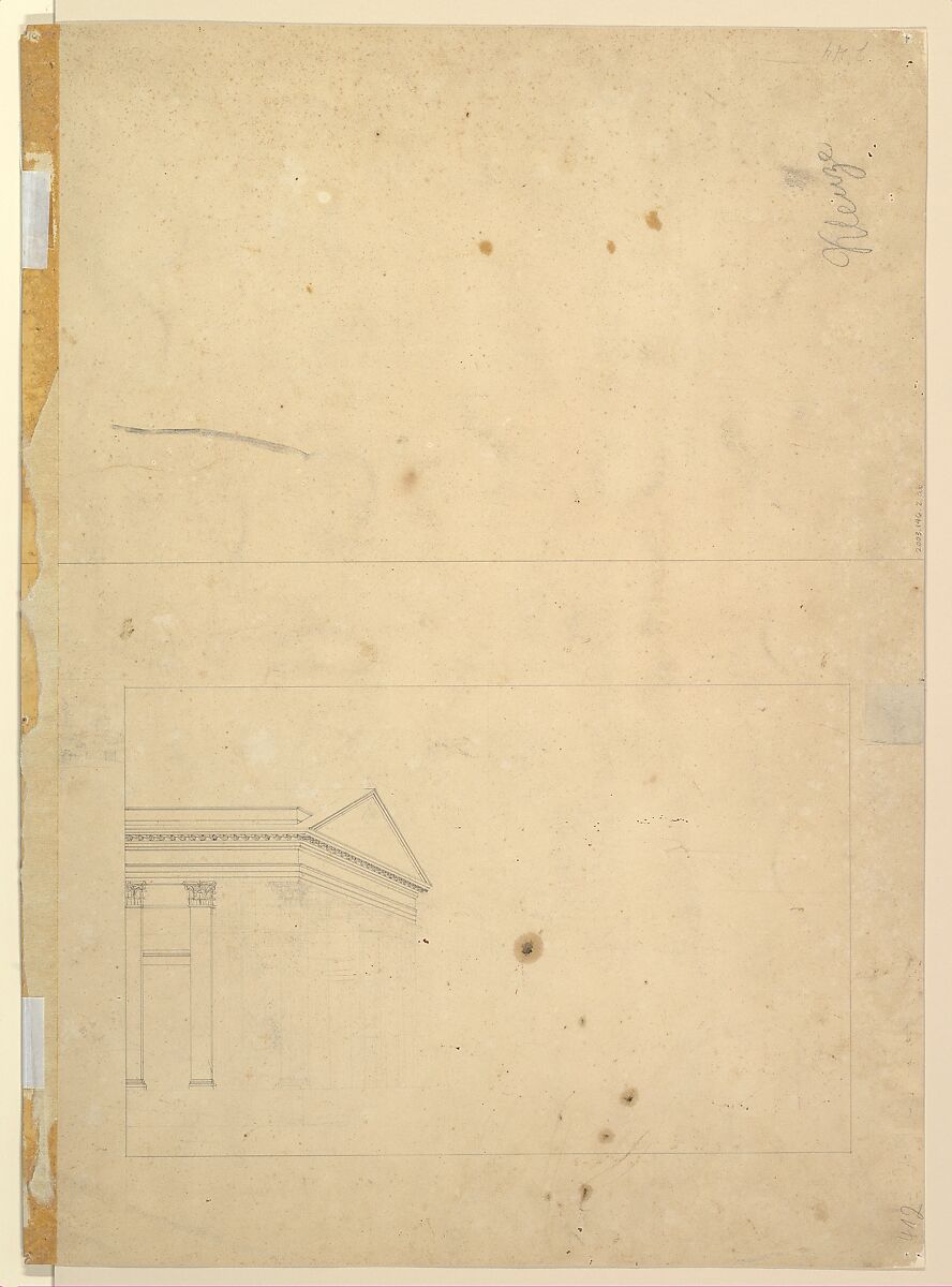 Design for a Monument of the Victory of Waterloo (recto); Portico with Corinthian Columns (verso), Leo von Klenze (German, Bockenem bei Hildesheim 1784–1864 Munich), Watercolor; framed by decorative border in black ink (recto); black pen and ink over graphite [erased] (verso)