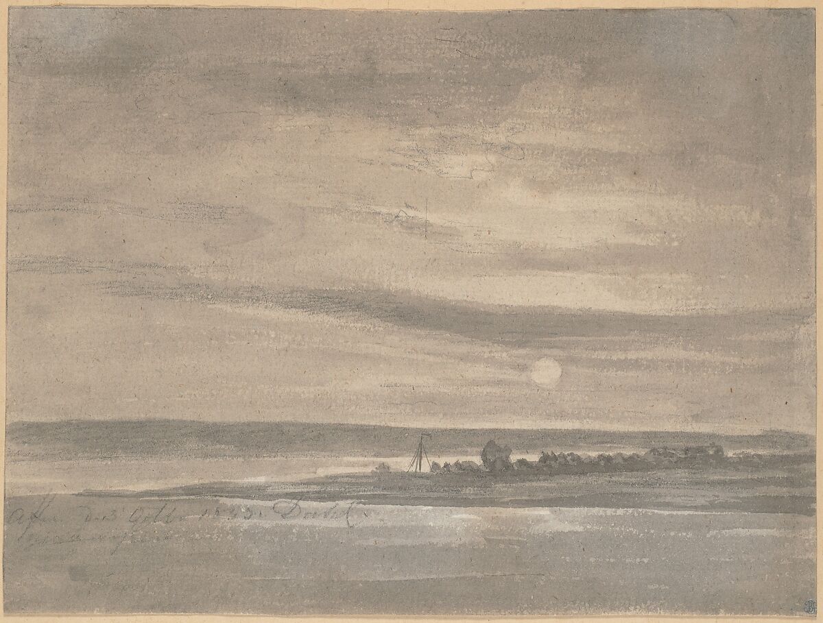 The River Elbe in Moonlight, Johan Christian Dahl (Norwegian, Bergen 1788–1857 Dresden), Brush and gray wash, heightened with white bodycolour, over graphite and black chalk 