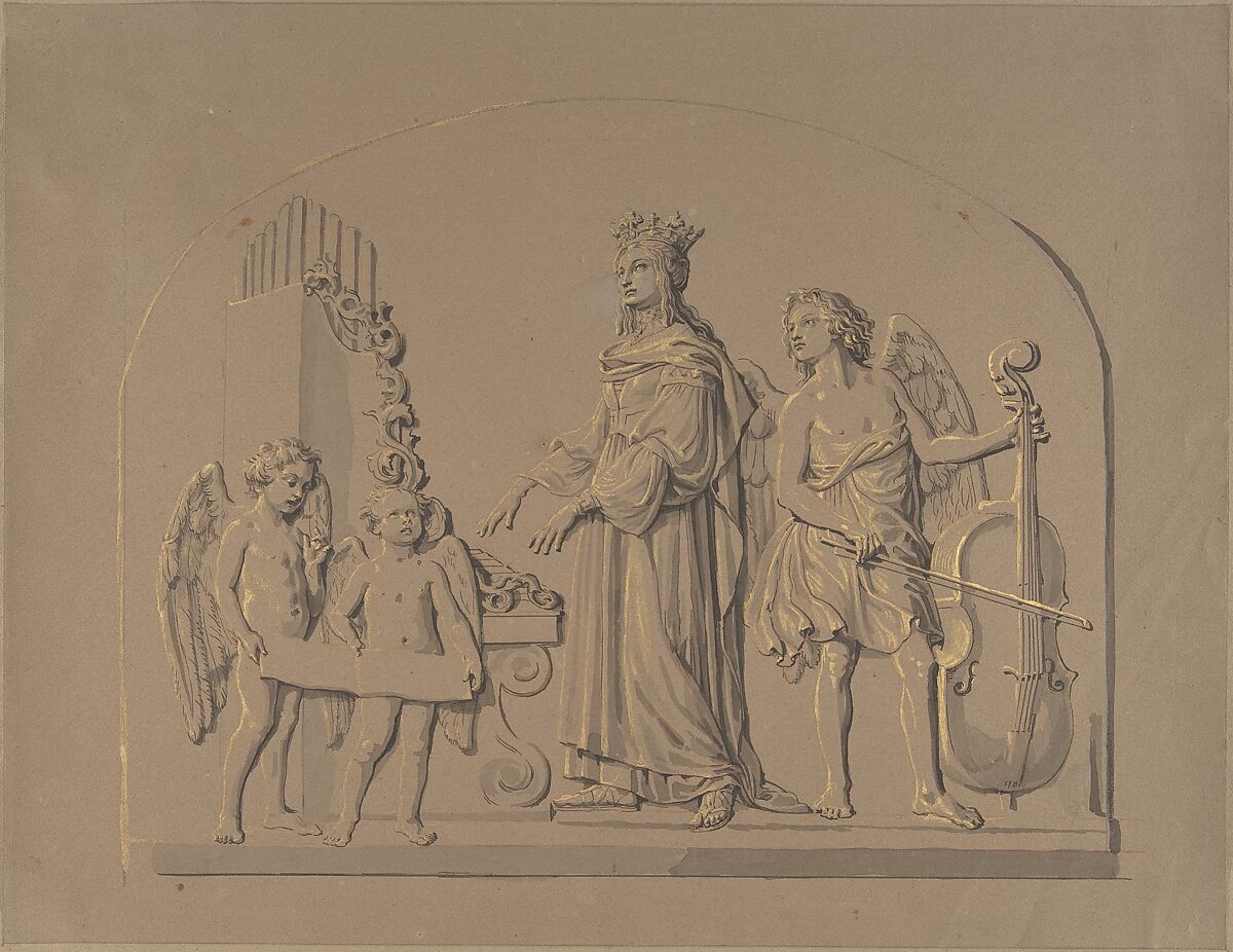 Saint Cecilia at the Organ, Flanked by Angels Making Music, Johann Gottfried Schadow (German, Berlin 1764–1850 Berlin), Pen and black ink, brush and brown wash over red chalk and pencil 