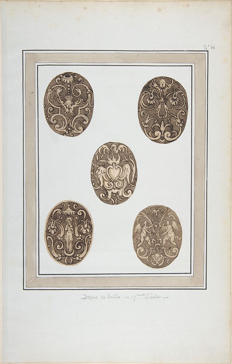 Oval Ornament Designs for Boxes, Anonymous, French, 17th century, Pen and brown ink, brush and brown wash, over black chalk. 