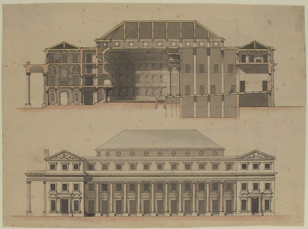 Designs for a Theatre, Anonymous, French, 18th century, Pen and black ink, brush and rose wash over graphite