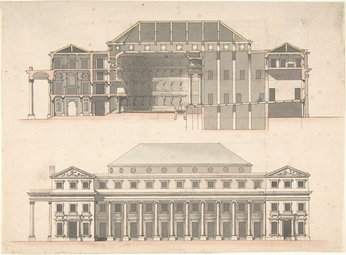 Designs for a Theatre, Anonymous, French, 18th century, Pen and black ink, brush and rose wash over graphite 