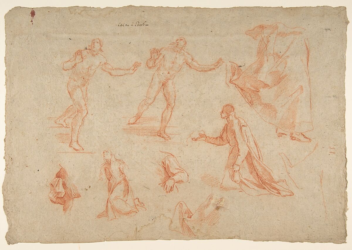 Figure and Drapery studies (recto); Three Studies of a Male Torso for the 'Coronation of Marcantonio Pasqualini' (verso), Andrea Sacchi (Italian, Rome (?) ca. 1599–1661 Rome), red and white chalk (recto), red chalk (verso) on paper 