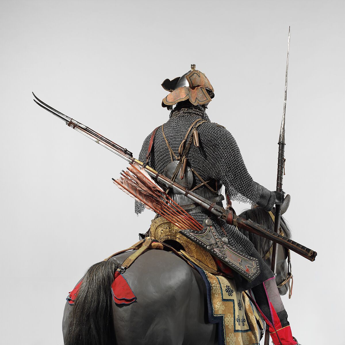 Armored Cavalryman, Steel, iron, gold, silver, copper alloy, brass, wood, leather, textile, bone, horn, silk, hair, turquoise, lead, Tibetan, and possibly Bhutanese and Nepalese