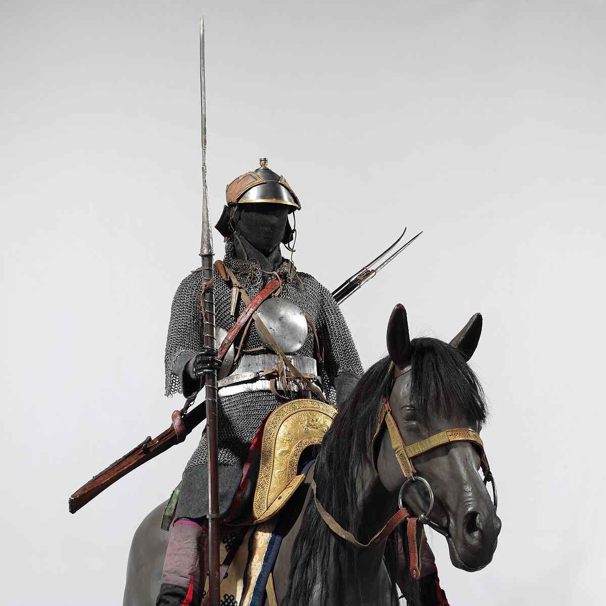 Armored Cavalryman, Steel, iron, gold, silver, copper alloy, brass, wood, leather, textile, bone, horn, silk, hair, turquoise, lead, Tibetan, and possibly Bhutanese and Nepalese