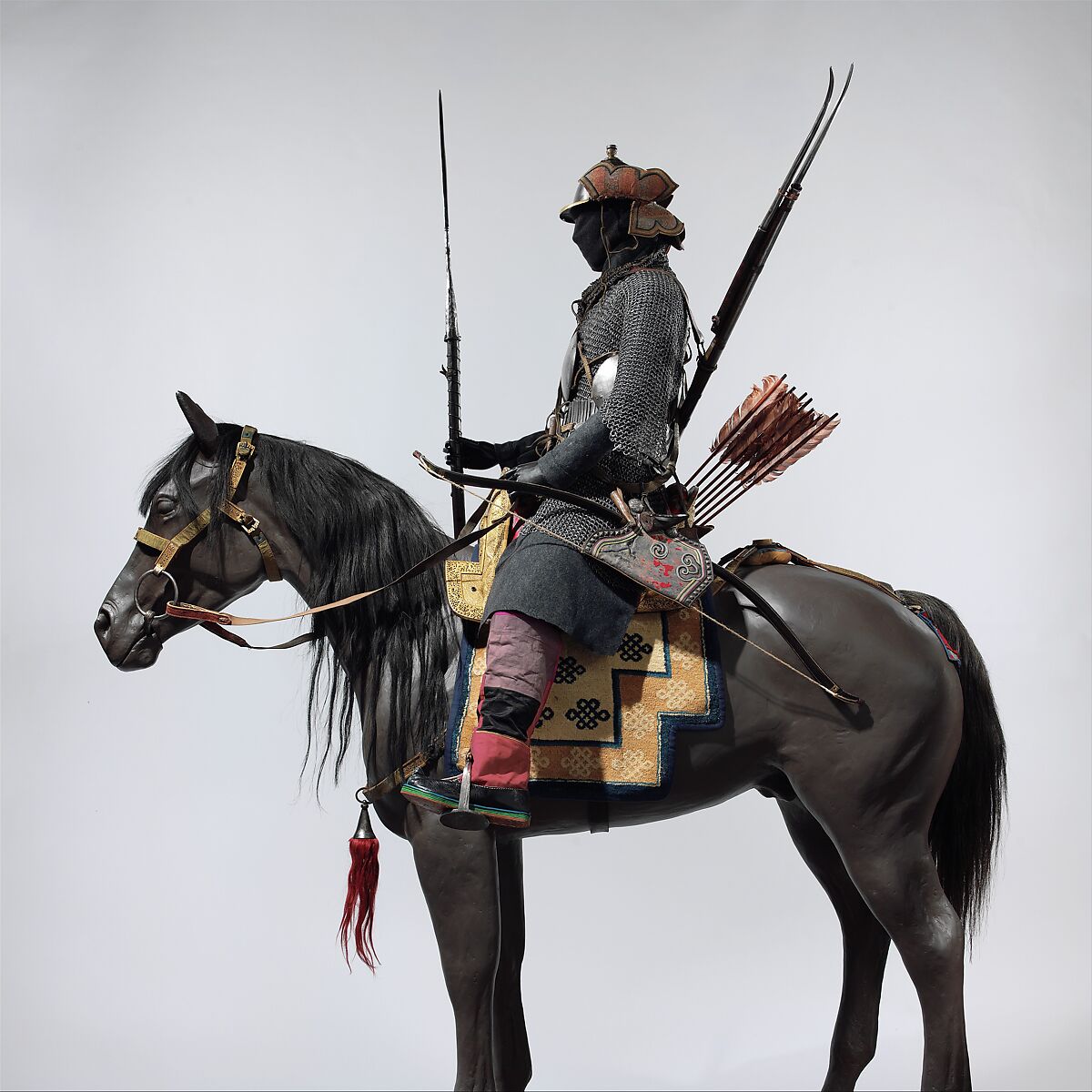 Armored Cavalryman, Steel, iron, gold, silver, copper alloy, brass, wood, leather, textile, bone, horn, silk, hair, turquoise, lead, Tibetan, and possibly Bhutanese and Nepalese
