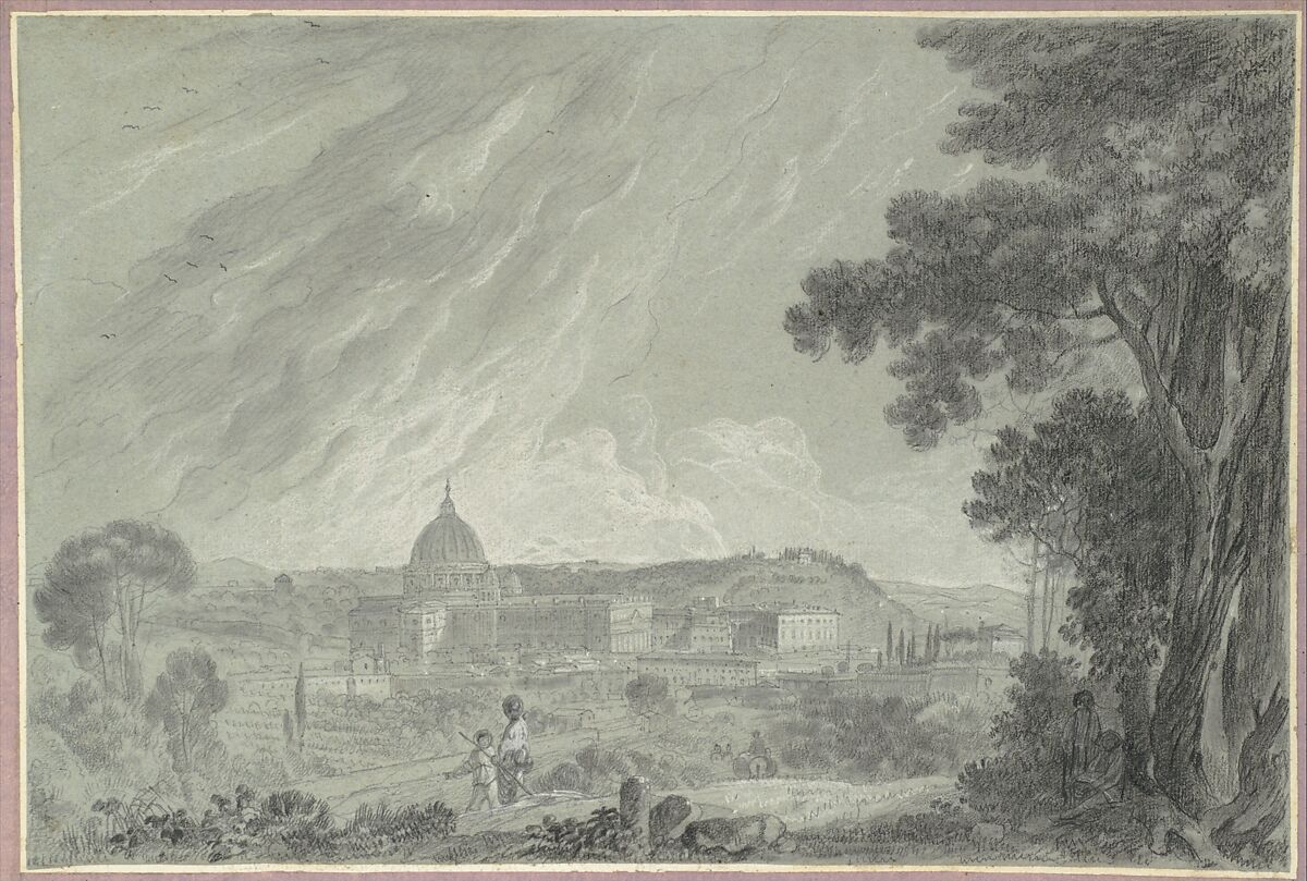 View of St. Peter's and the Vatican from the Janiculum, Richard Wilson (British, Penegoes, Wales 1712/13–1782 Denbighshire, Wales), Black chalk with stumping, heightened with white chalk on blue paper; laid down on original paper mount with purple border
