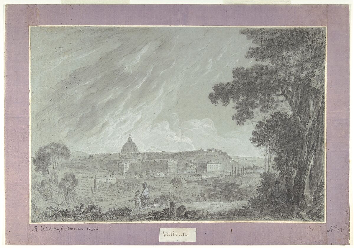 View of St. Peter's and the Vatican from the Janiculum, Richard Wilson (British, Penegoes, Wales 1712/13–1782 Denbighshire, Wales), Black chalk with stumping, heightened with white chalk on blue paper; laid down on original paper mount with purple border 